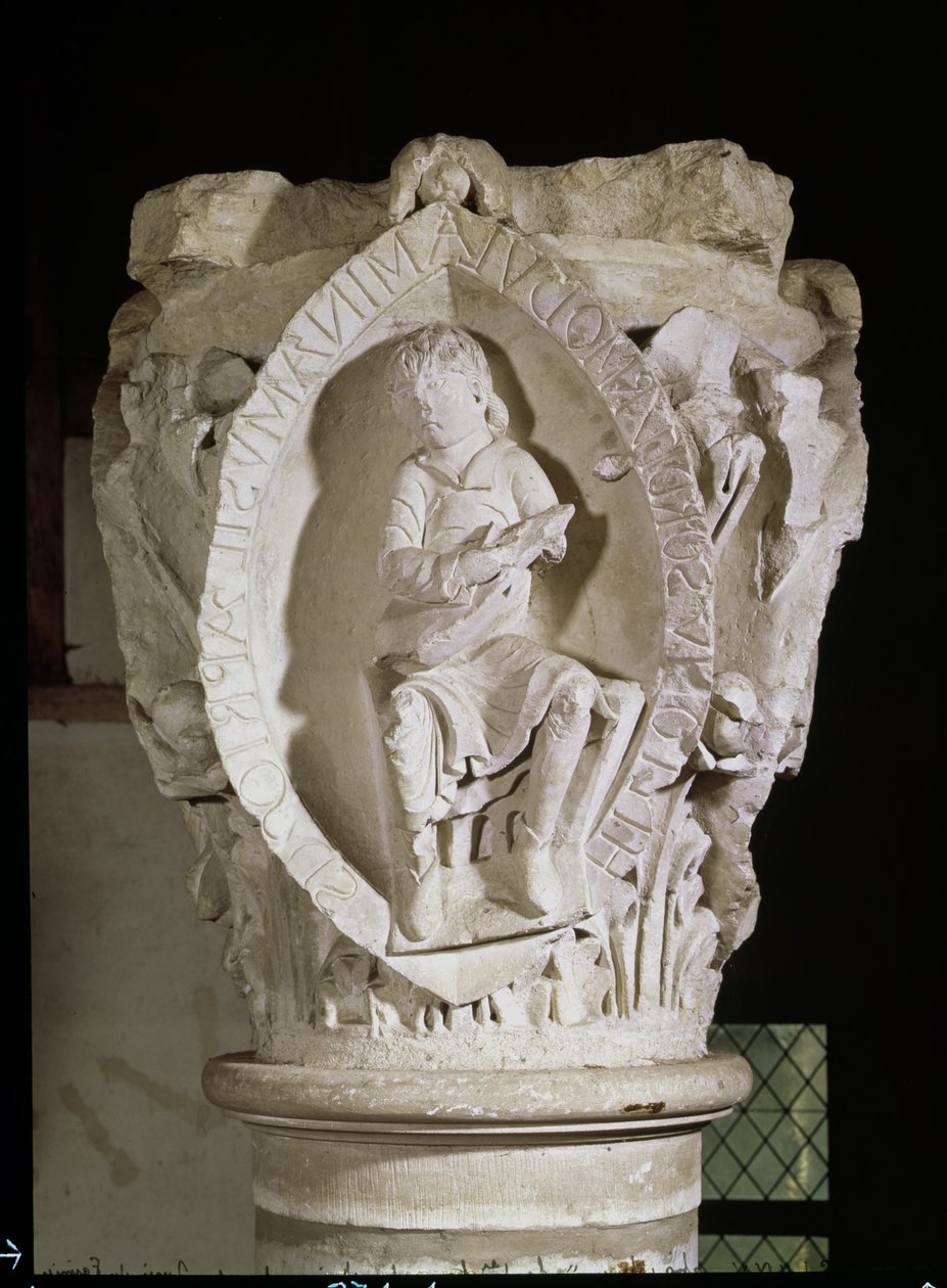 Kapitał przedstawiający Pierwszy Klucz Plainsong z cymbałowcem, ok. 1095 autorstwa French School
