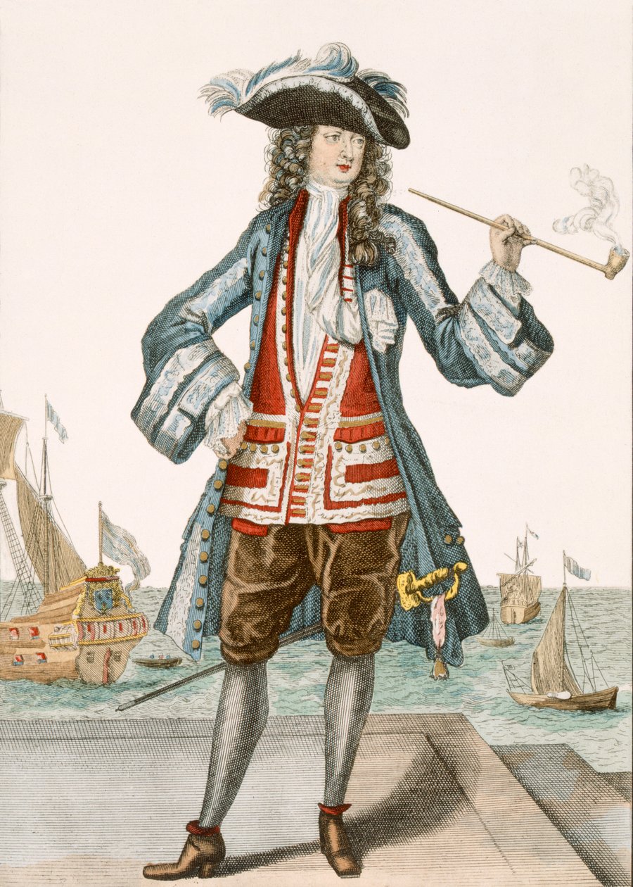 Kapitan Jean Bart z Dunkierki 88: Le Capitaine Jean Baert de Dunquerque, kapitan floty, stoi i pali długą fajkę w dokach; Jean Bart (1651-1702), flamandzki marynarz w autorstwa French School