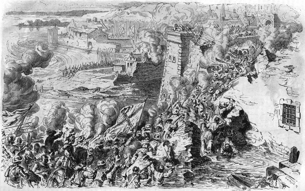 Zdobycie Lagny przez Farnese w 1590 r., po starej rycinie. W „”Histoire Populaire de la France””, sd. ok. 1885 r. Grawerowanie. autorstwa French School