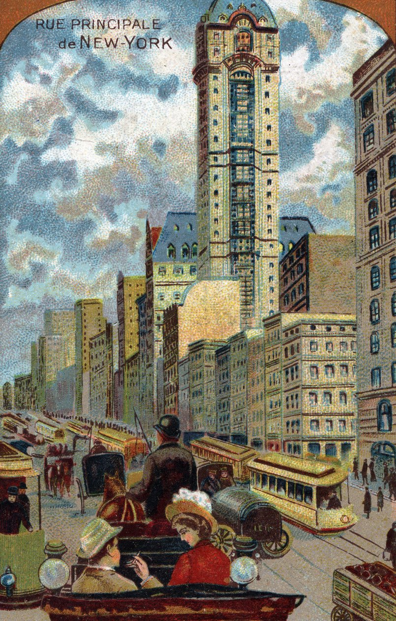 Ruch samochodowy na Broadwayu, główna ulica Nowego Jorku (Nowy Jork) (korek na Broadway Avenue, Manhattan) Prywatna kolekcja chromolitografii z XIX wieku autorstwa French School