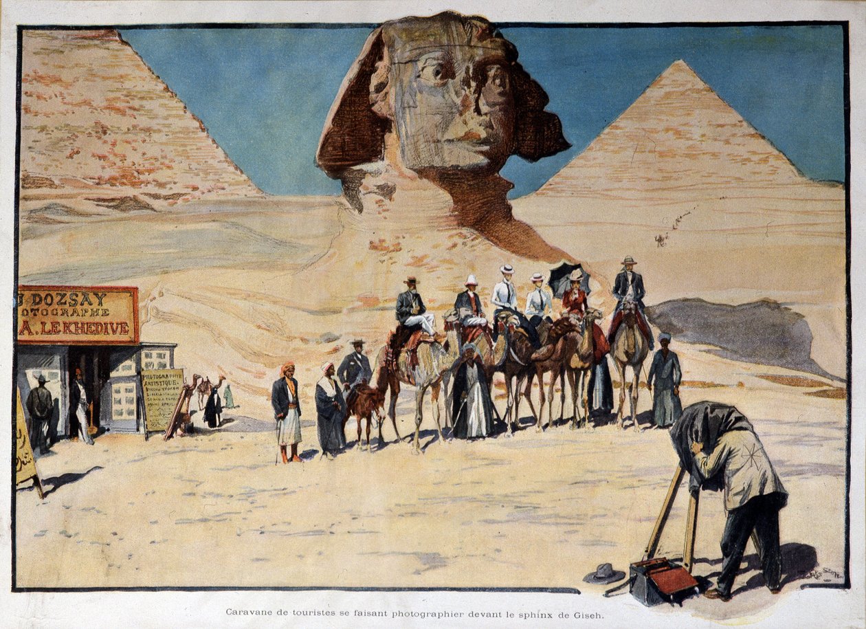Karawana turystów fotografowana przed sfinksem w Gizeh (Guiseh, Giza, Giza) autorstwa French School
