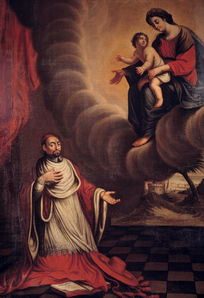 Kardynał Berulle (1575-1629) klęka przed obrazem Dziewicy Szkoły Francuskiej. Prywatna kolekcja z XVII wieku autorstwa French School