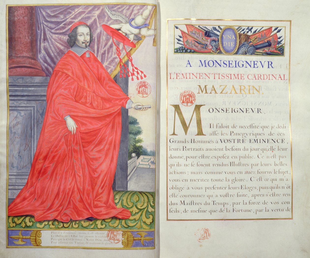 Kardynał Mazarin, ilustracja i dedykacja z Panegiryków wybitnych ludzi naszego stulecia autorstwa Puget de la Serre, 1655 autorstwa French School