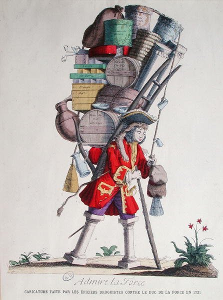 Karykatura Henri Jacques Nompar de Caumont (1675-1726), 5. Duc de la Force, wykonana przez „Epiciers Droguistes” (ogólni sklepikarze i sklep spożywczy) autorstwa French School
