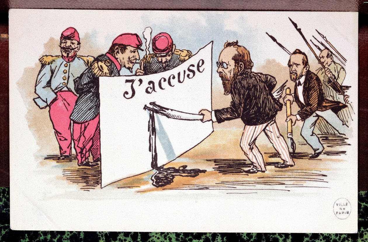 Karykatura Jakuba, artykuł napisany przez Emile Zola (1840-1902) w obronie Alfreda Dreyfusa, 1898 autorstwa French School
