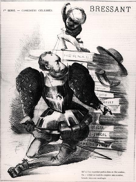 Karykatura Jeana Baptiste Francois Bressant (1815-86) jako Don Carlos w „Hernani” Victora Hugo (1802-85), ilustracja na okładkę „Le Masque”, 27 sierpnia 1867 (rycina) (zdjęcie czarno-białe) autorstwa French School