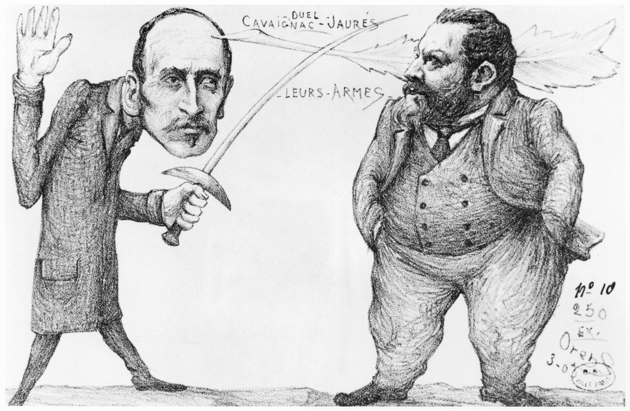 Karykatura pojedynku między Godefroyem Cavaignacem (1801-45), ministrem wojny i Jeanem Jauresem (1859-1914) przywódcą socjalistycznym i pacyfistą, 1898 autorstwa French School