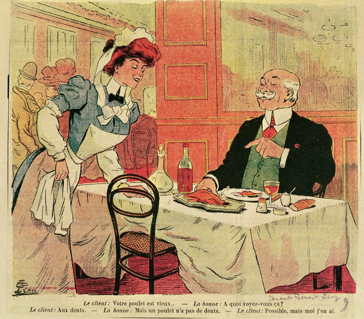 Karykatura klienta i kelnerki w restauracji, ok.1905 autorstwa French School