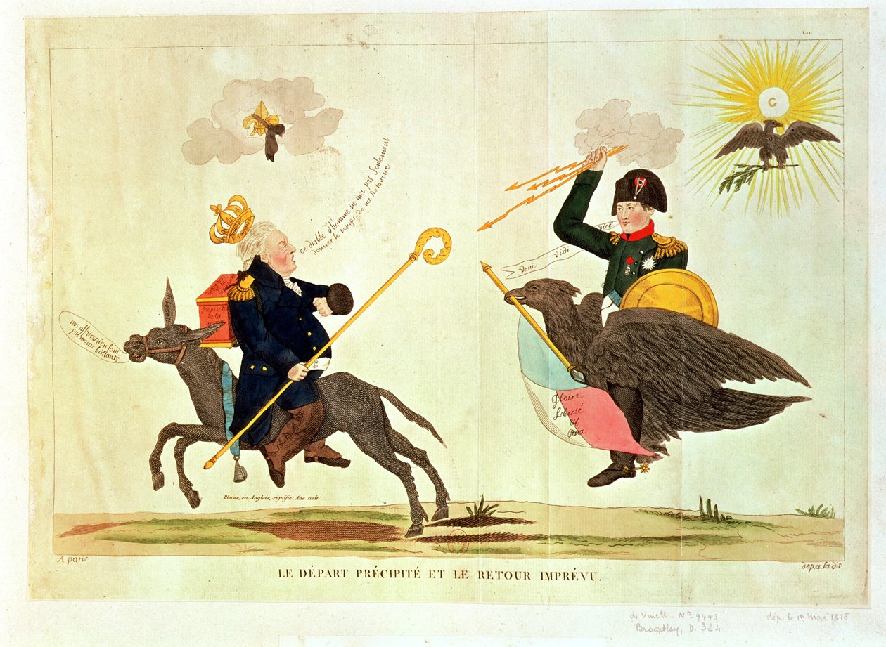Karykatura „Stu dni”, Pospieszny wyjazd i nieoczekiwany powrót, 1815 autorstwa French School