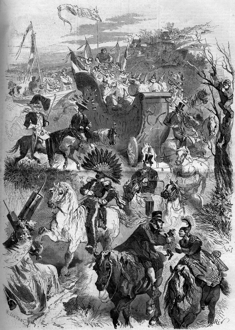 Karnawał Mardi Gras, Francja, 8 marca 1859: zejście do Paryża na maskaradę Sevres. Grawer w „Le Monde Illustré” nr 100 z 19 marca 1859 r. autorstwa French School