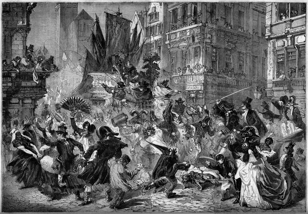 Scena karnawałowa na ulicach Antwerpii (Belgia) w 1860 r. Rycina w „”Le Monde Illustré””n°151 z 3 marca 1860 r. autorstwa French School