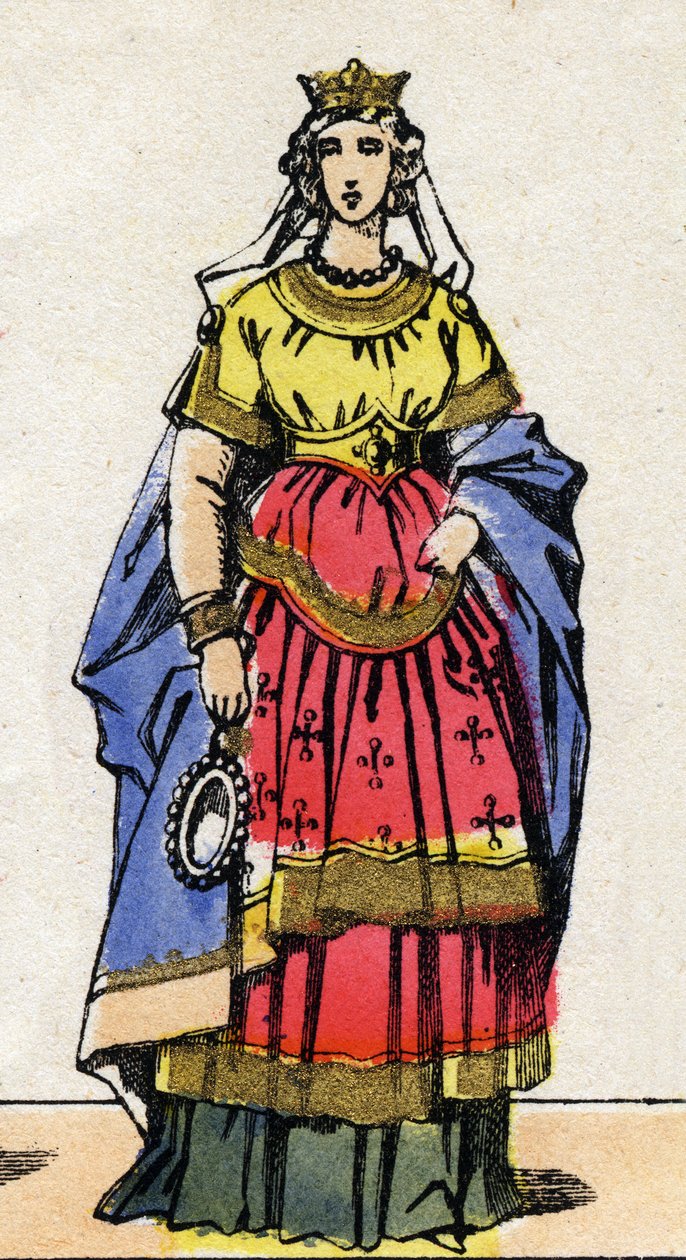 Dynastia karolińska: Portret Emma z Włoch (z domu ok. 948) Królowa Francji, żona Lothaire (941-986). Obrazowanie epinal z końca XIX wieku. Prywatna kolekcja. autorstwa French School