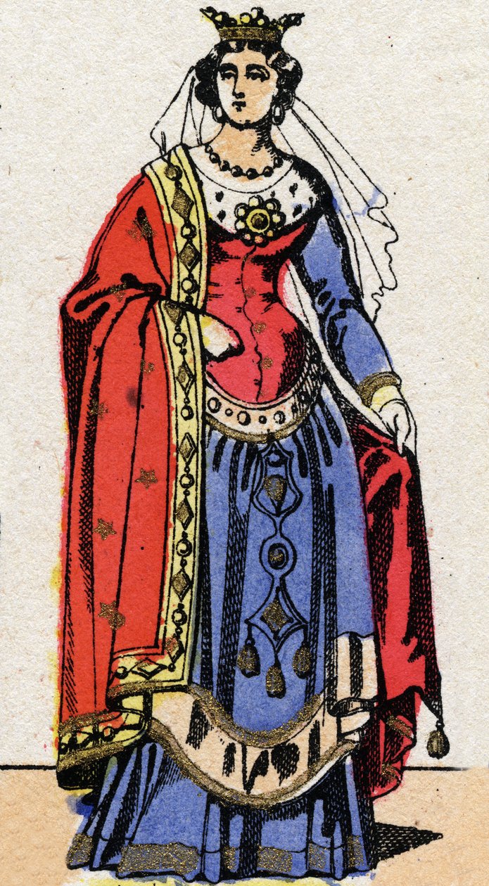 Dynastia Karolingów: Portret Ermentrudy Orleańskiej (ok. 830-869), królowej franków, żony Karola II Łysego (823-877). Obrazowanie epinal z końca XIX wieku. Prywatna kolekcja. autorstwa French School