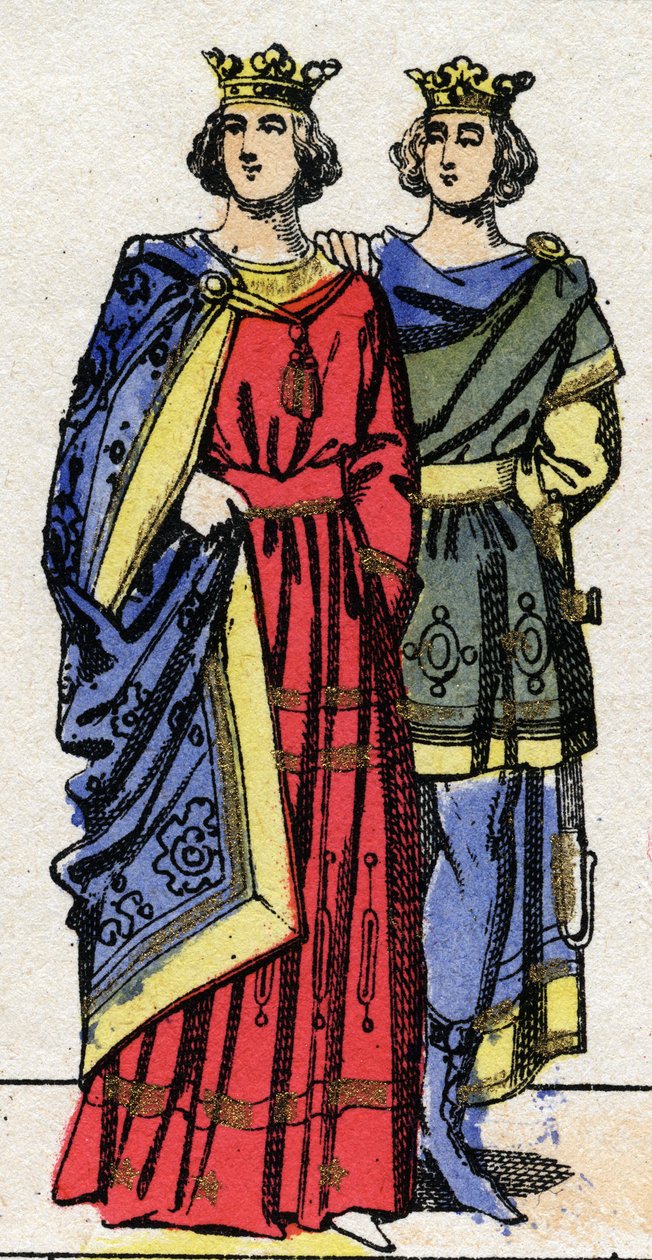 Dynastia Karolingów: Portrety Ludwika III (w. 863-882), króla Franków od 879 do 882 i Karola II (867-884), króla Franków od 879 do 884. Obrazowanie epinal z końca XIX w. stulecie. Prywatna kolekcja. autorstwa French School