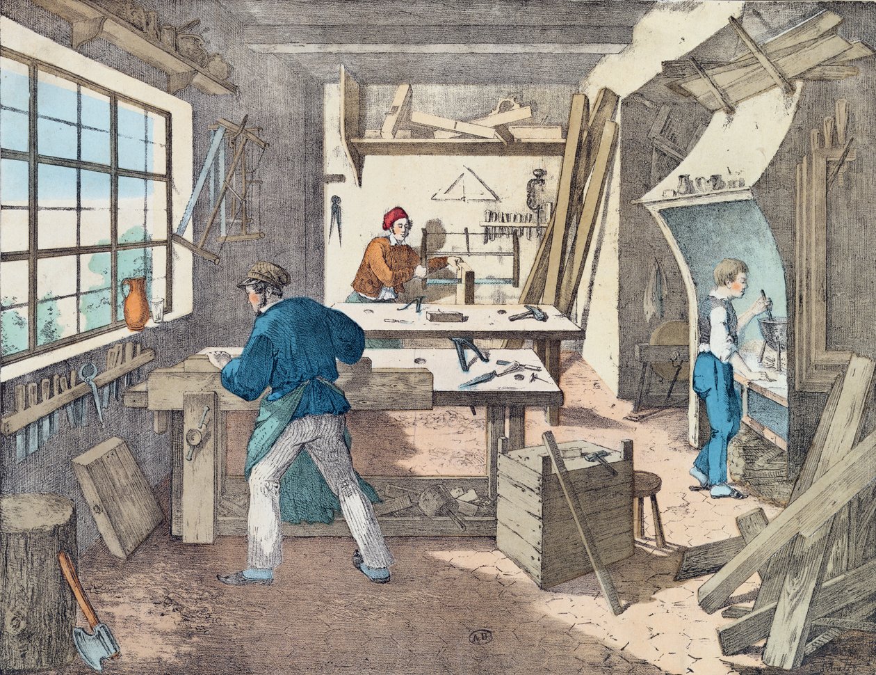 Warsztat stolarski, ok. 1860 r. autorstwa French School