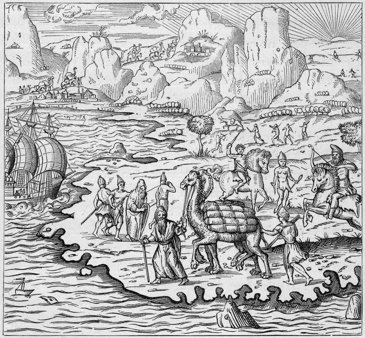Przewóz towarów na wielbłądach do załadunku statków opuszczających grecką ladę w Aleksandrii do Europy. Grawerowanie w „La Marine et les colonies: commerce” autorstwa French School