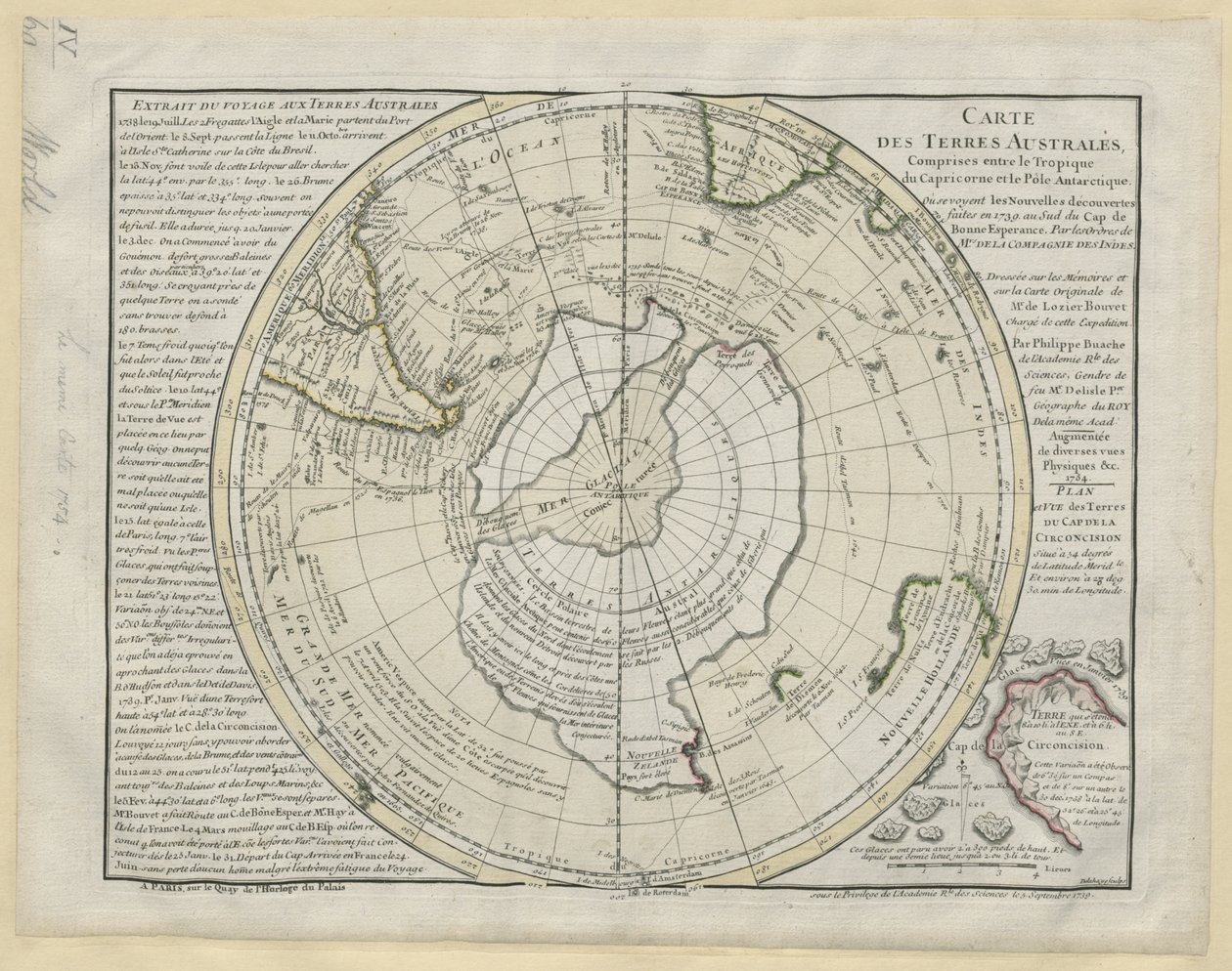 „Mapa terytoriów południowych między zwrotnikiem Koziorożca a biegunem antarktycznym… na mapie M. de Lozier Bouvet, autorstwa P. Buache” autorstwa French School