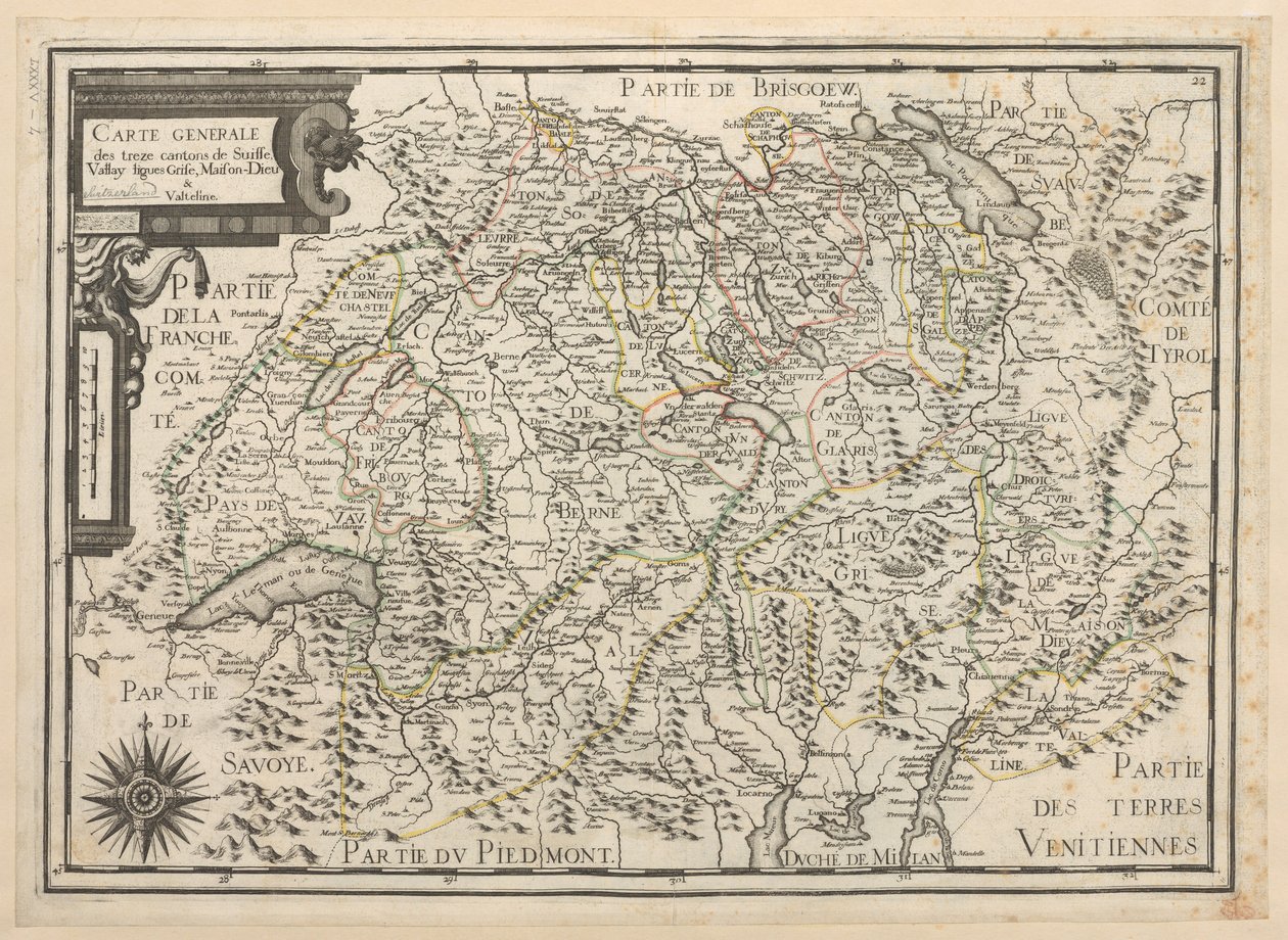Ogólna mapa trzynastu kantonów Szwajcarii, Vallay, Ligues, Grise, Maison-Dieu i Valteline autorstwa French School