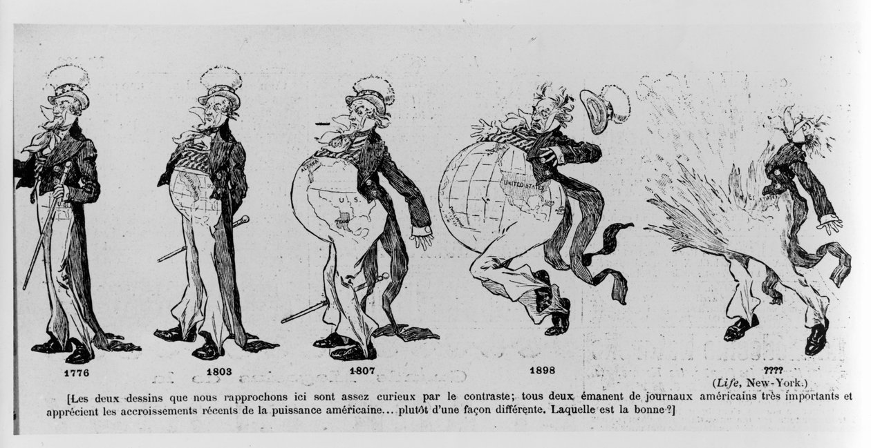 Karykatura komentująca zakup ziemi w Stanach Zjednoczonych Ameryki, ilustracja z Le Rire, 4 marca 1895 r. autorstwa French School