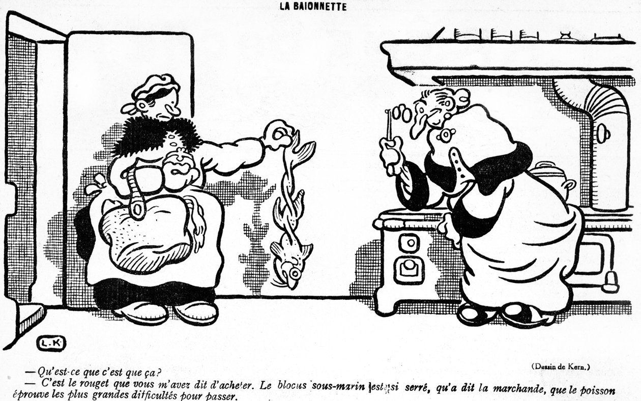 Komiks przedstawiający katastrofalny wpływ blokady łodzi podwodnej na rybę kupioną na francuskim targu, z wydania primaaprilisowego (Poisson dAvril) magazynu La Baionette, 29 marca 1917 autorstwa French School