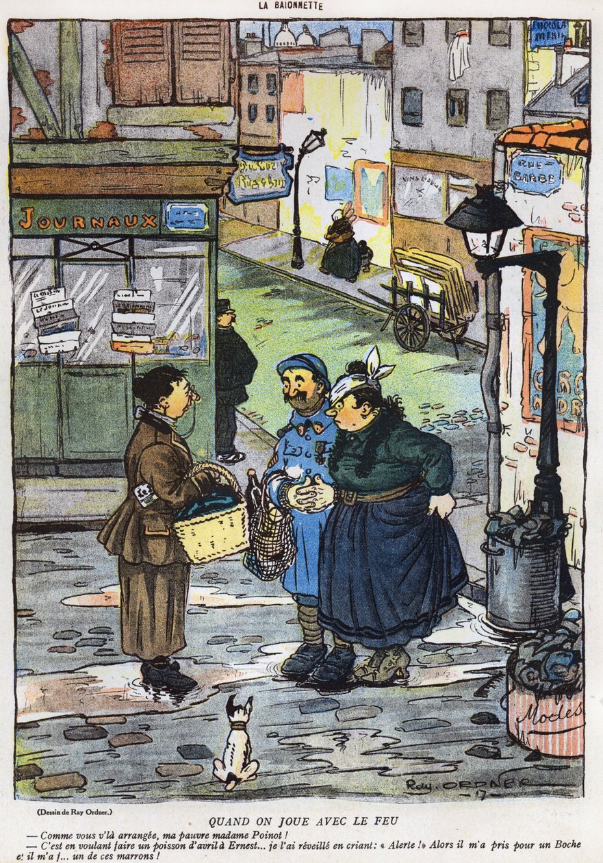 Karykatura przedstawiająca wynik próby skłaniania męża przez żonę do oszustwa, z wydania Prima Aprilis (Poisson dAvril) magazynu La Baionette, 29 marca 1917 autorstwa French School