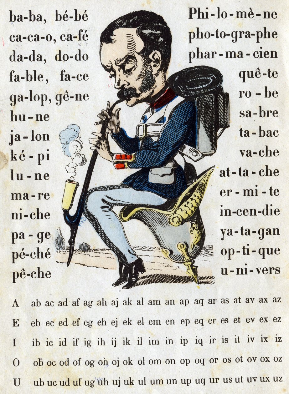 Kreskówka w garniturze pruskiego pancernika. ABC wojskowy (alfabet - abecedary). Obrazowanie Epinal autorstwa French School