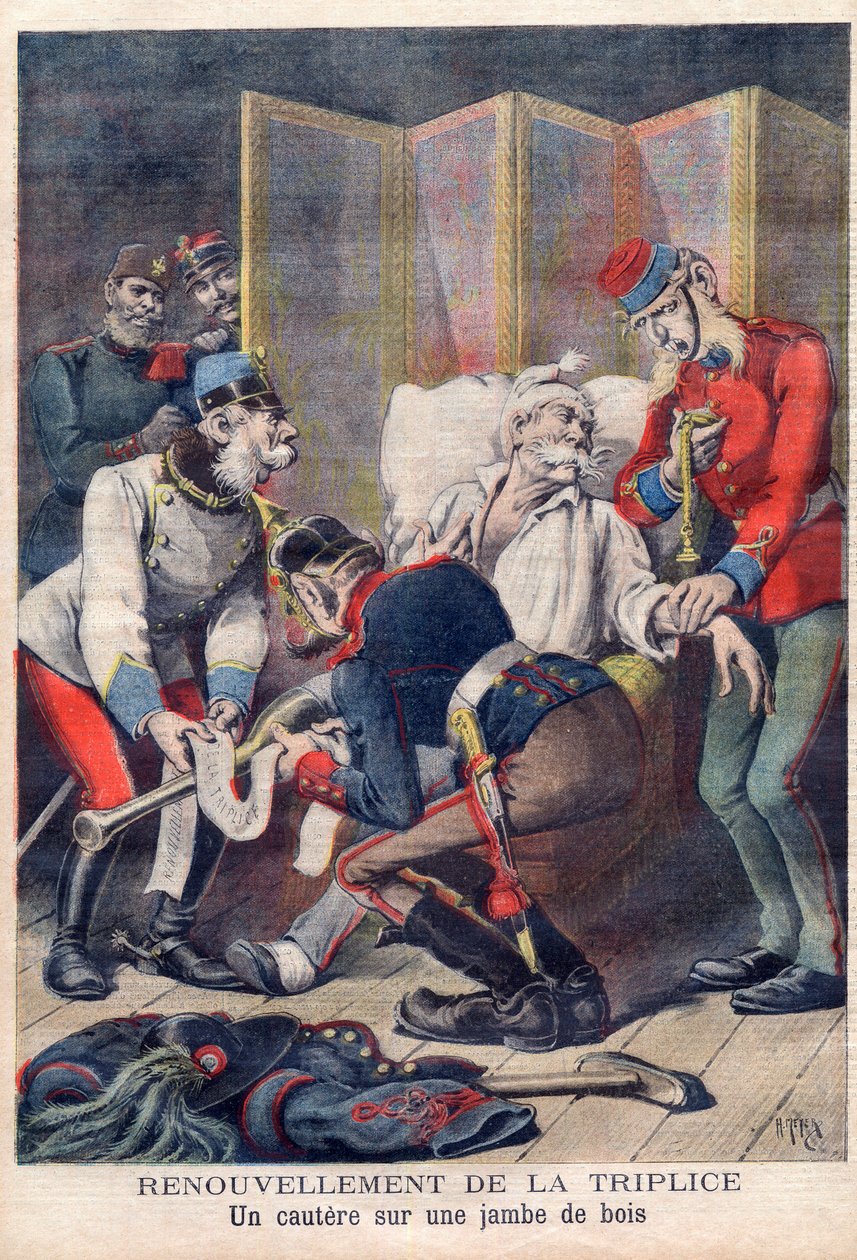 Karykatura Trójprzymierza Niemiec, Austrii i Włoch, z „Le petit Journal”, czerwiec 1896 r. autorstwa French School