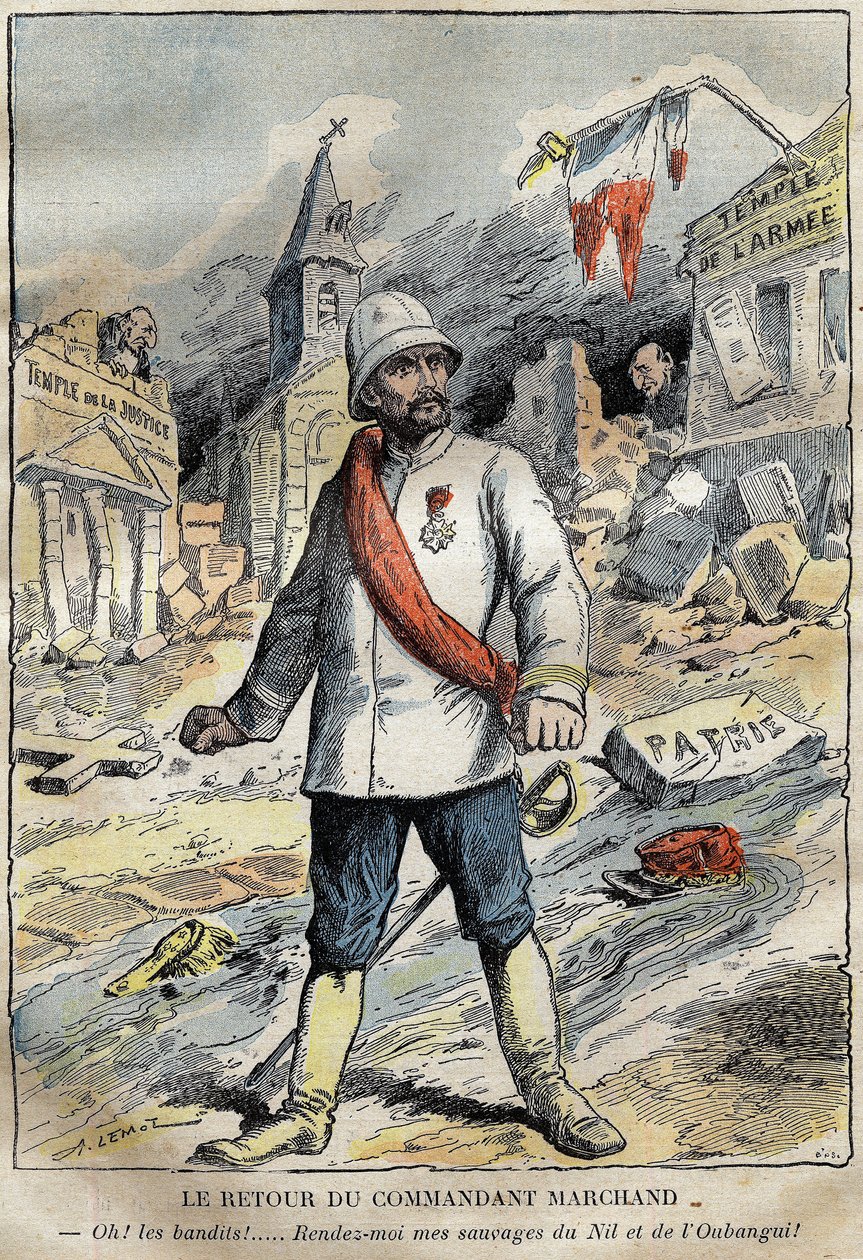 Karykatura o komandorze Jean-Baptiste (Jean Baptiste) Marchandzie (1863-1934) w Tulonie, powracającym z misji eksploracyjnej (1896-1899) w Afryce. Grawerowanie w „Le Pelerin”” 4/06/1899. autorstwa French School