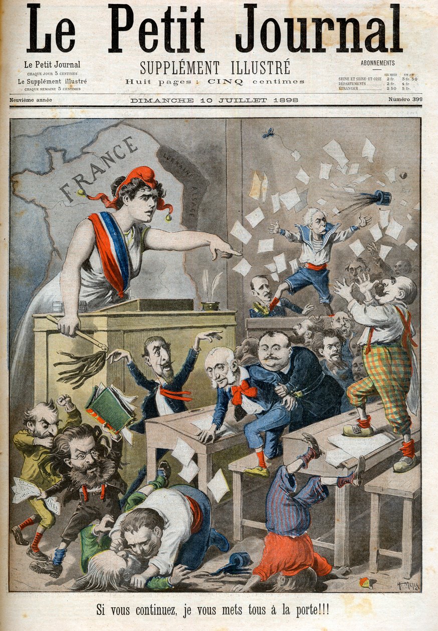 Karykatura na rozkaz Izby Deputowanych - Le petit Journal, lipiec 1898. - Marianne i klasa polityczna. W środku Paul Deroulede (1846-1914), Jules Meline (1838-1925), Edouard Drumont (1844-1917) – Jeśli będziesz kontynuować, postawię was wszystkich na autorstwa French School
