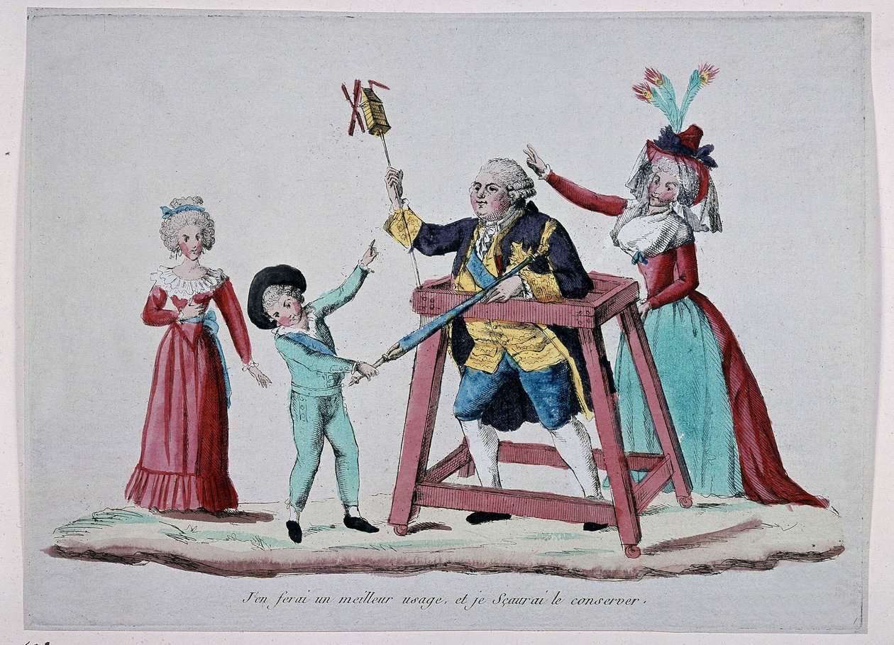 Karykatura o rodzinie królewskiej (Ludwik XVI i Maria Antonina z dziećmi) podczas rewolucji francuskiej, ok. 1790 r. - Musee Carnavalet autorstwa French School