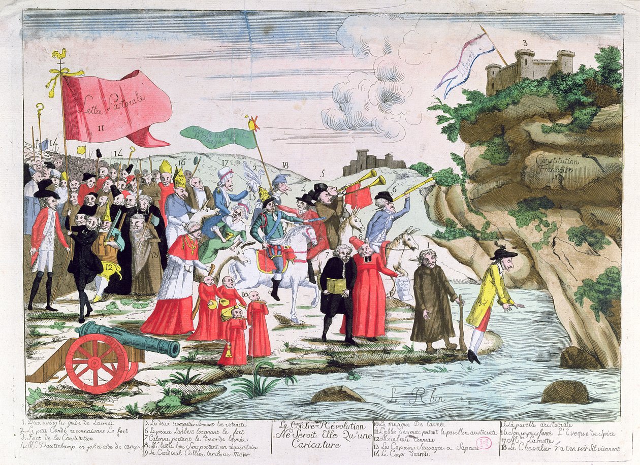 Komiks wyśmiewający francuskiego duchowieństwa i arystokratów, którzy schronili się w Niemczech podczas rewolucji, ok. 1792 r. autorstwa French School