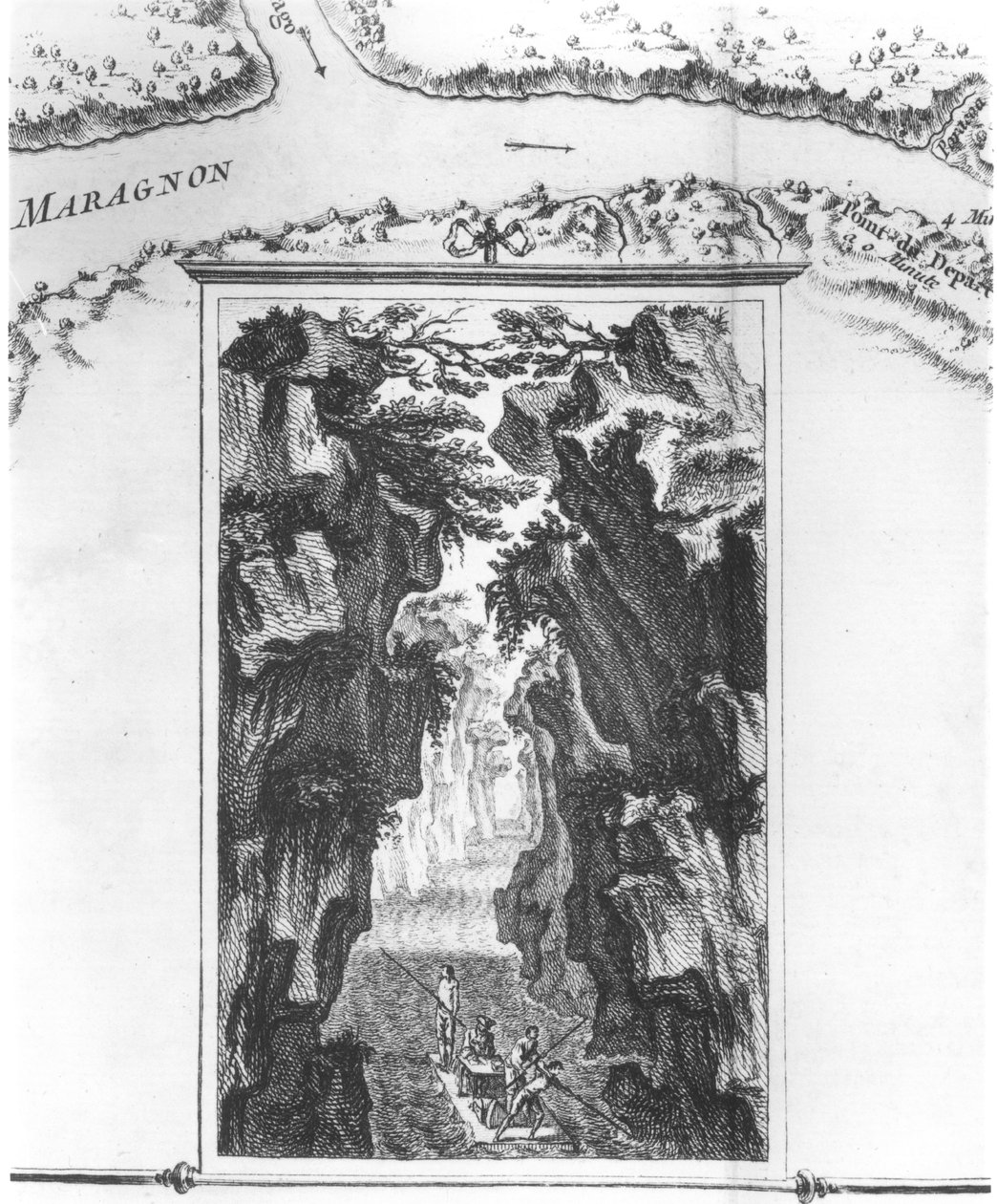 Kartridż przedstawiający La Condamine na tratwie na Amazonce, na mapie zwanej Carte du strait zwanej Pongo de Manseriche dans le Maragnon ou la riviere des Amazones, ilustracja z Histoire de l