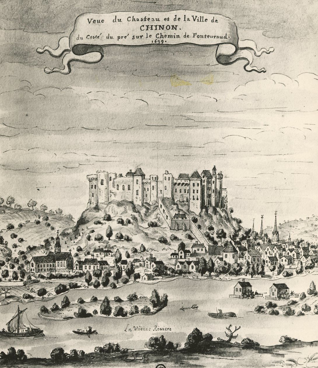 Zamek i miasto Chinon autorstwa French School