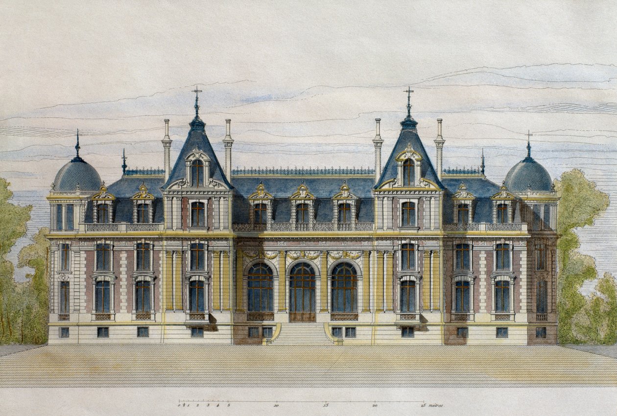 Zamek Neuflize należący do Braci Pate, fasada ogrodowa, ilustracja z Le Moniteur des architectes, 1884, ryt F. Penel (kolorystyka) autorstwa French School