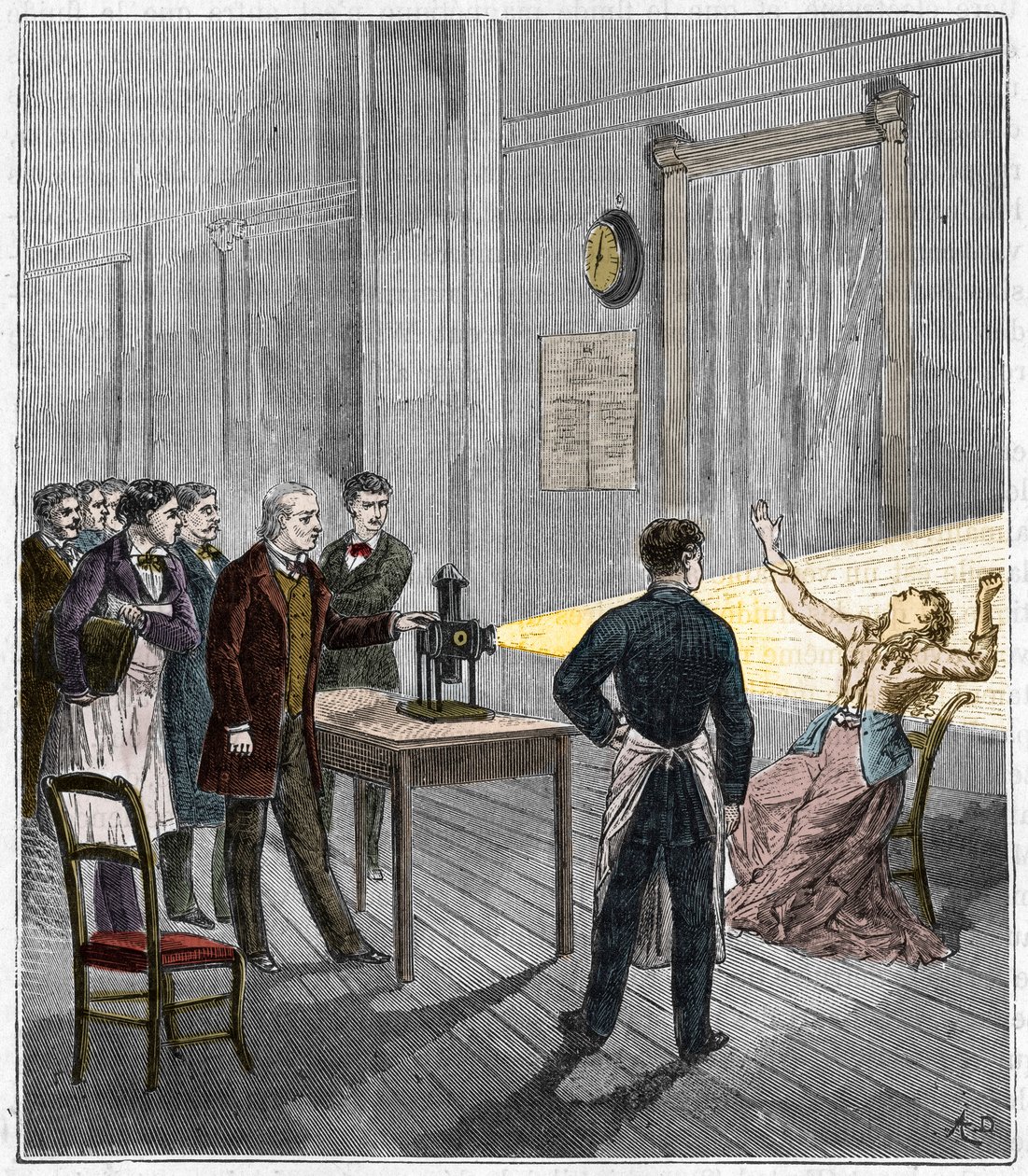 Katalepsja wytworzona pod wpływem światła - Francuski neurolog Jean Martin Charcot (1825-1893) badający fenomen hipnozy u pacjenta szpitala Salpetriere za pomocą latarni magicznej - Katalepsja - Jean Martin Charcot (1825-1893), francuski neu autorstwa French School