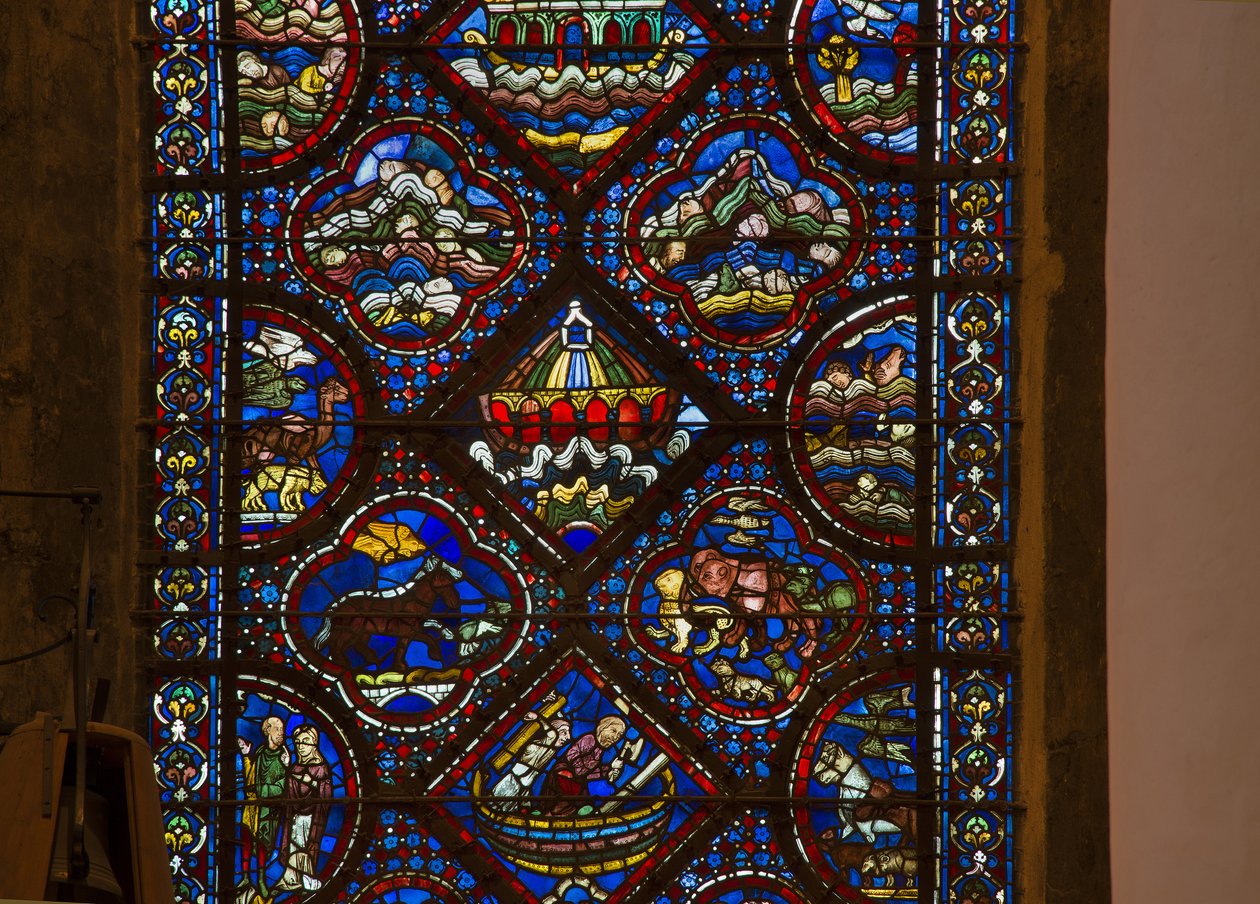 Katedra w Chartres, witraż: życie noe, detal łuku noego na falach autorstwa French School