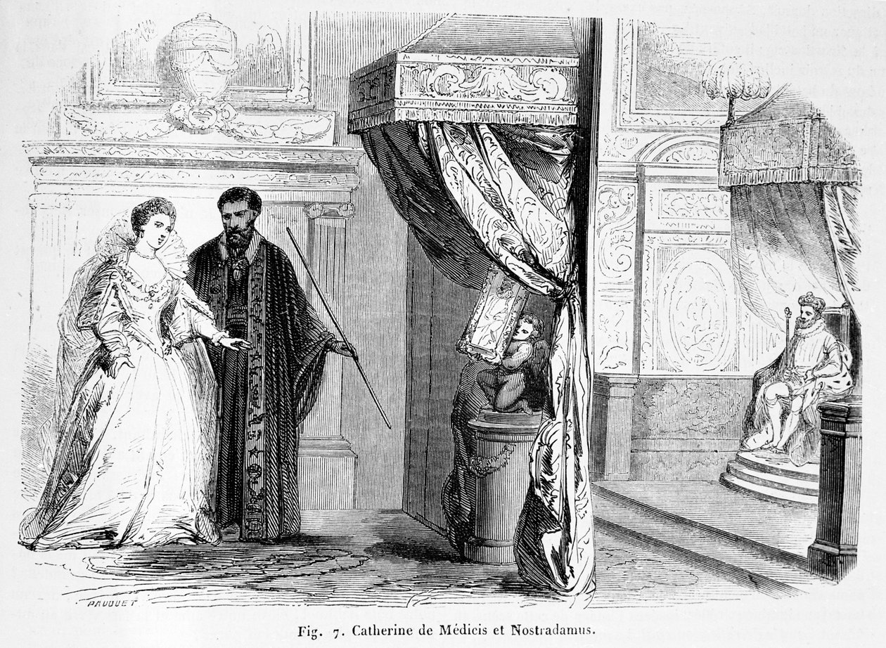 Katarzyna Medycejska (1519-89) z Nostradamusem, z Magasin Pittoresque, 1849 autorstwa French School
