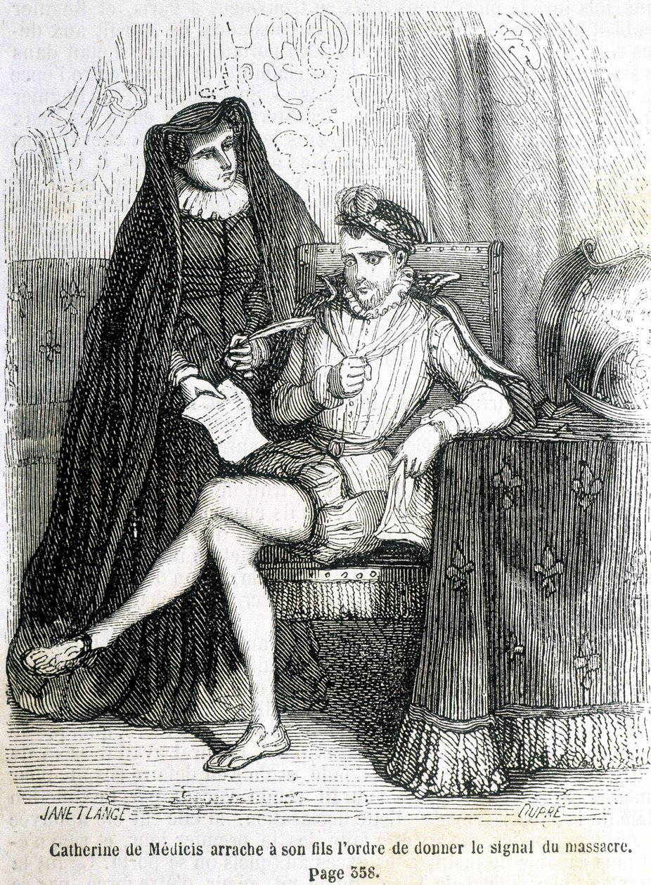 Katarzyna Medycejska (Caterina de Medici) odrywa od swojego syna (Karol IX) rozkaz nadania sygnału masakry św. Barthelemy w 1572 r. - w „Histoire de France” L.-P. Anquetil autorstwa French School