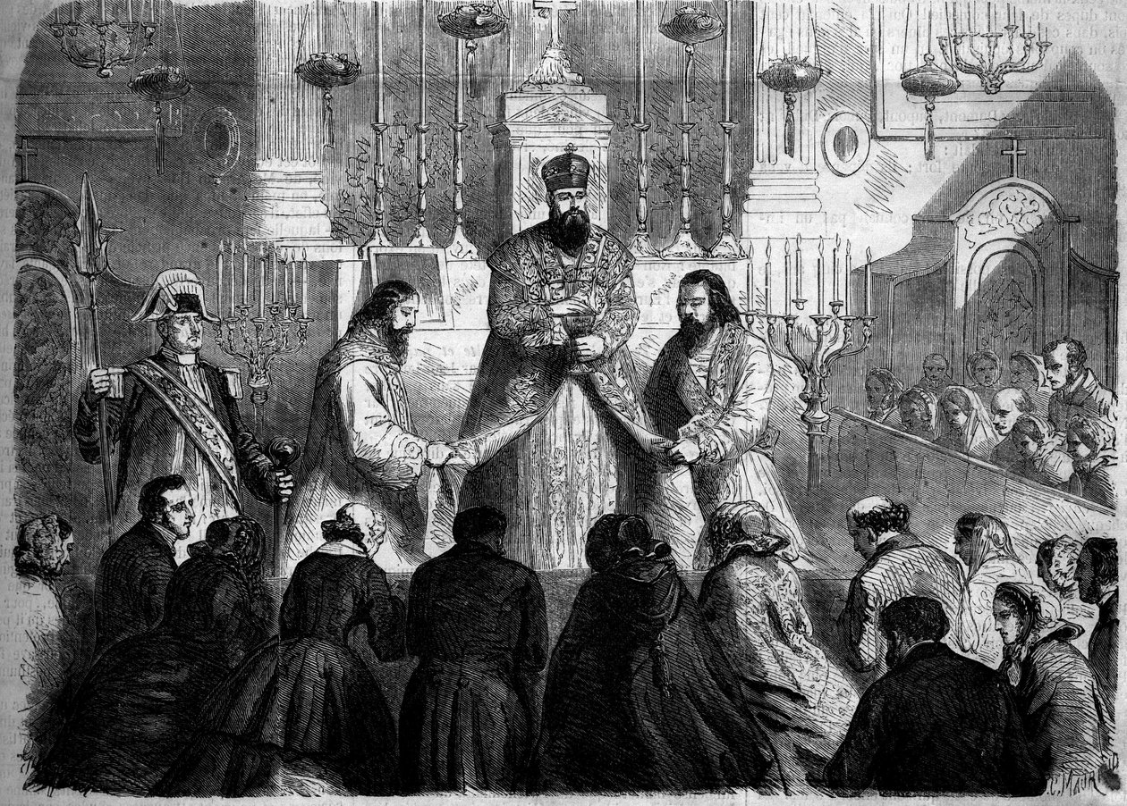 Ryt Katolicki - Msza - 26 stycznia 1860: Msza celebrowana według rytu ormiańskiego przez przełożonego Mechitarystów w kościele Notre Dame des Victoires w Paryżu. Grawer w „Le Monde Illustré” nr 147 z 4 lutego 1860 r. autorstwa French School