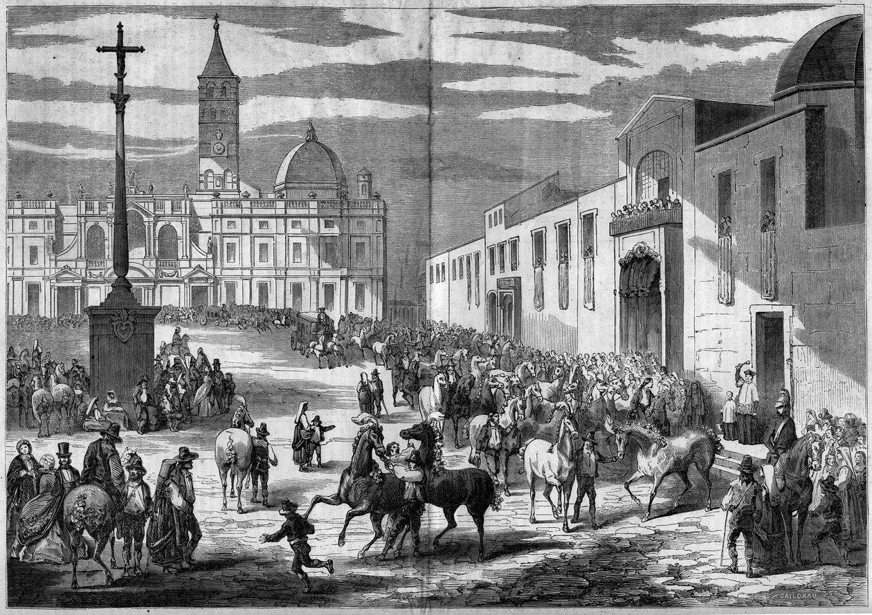 Święto katolickie - św. Antoni: błogosławieństwo koni na placu kościoła św. Marii Maggiore (Santa Maria Maggiore), Rzym, Włochy, styczeń 1859. Przed kościołem granitowa kolumna zwieńczona krzyżem (1595) upamiętniająca nawrócenie Henryka autorstwa French School