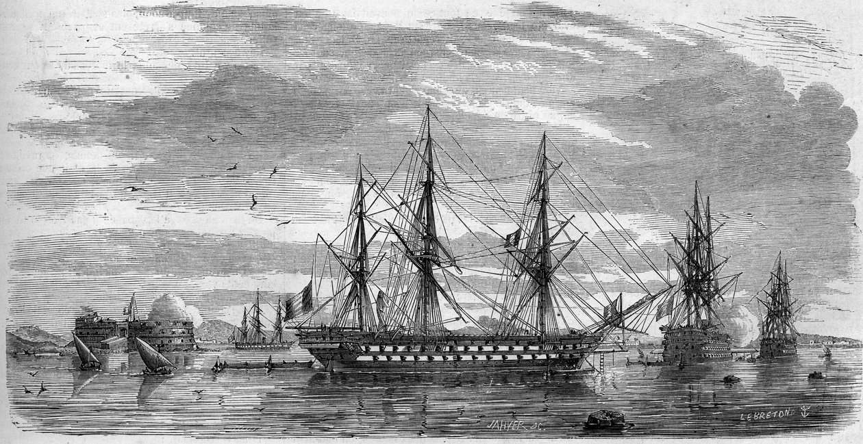 Święto katolickie: Wielki Piątek (Wielki Piątek) w Tulonie (Var, 83) w 1858 r. Statki mają wędki w krzyżu i flagi z połówkami fałów na znak żałoby. Grawer w „Le Monde Illustré” nr 53 z 17 kwietnia 1858 r. autorstwa French School