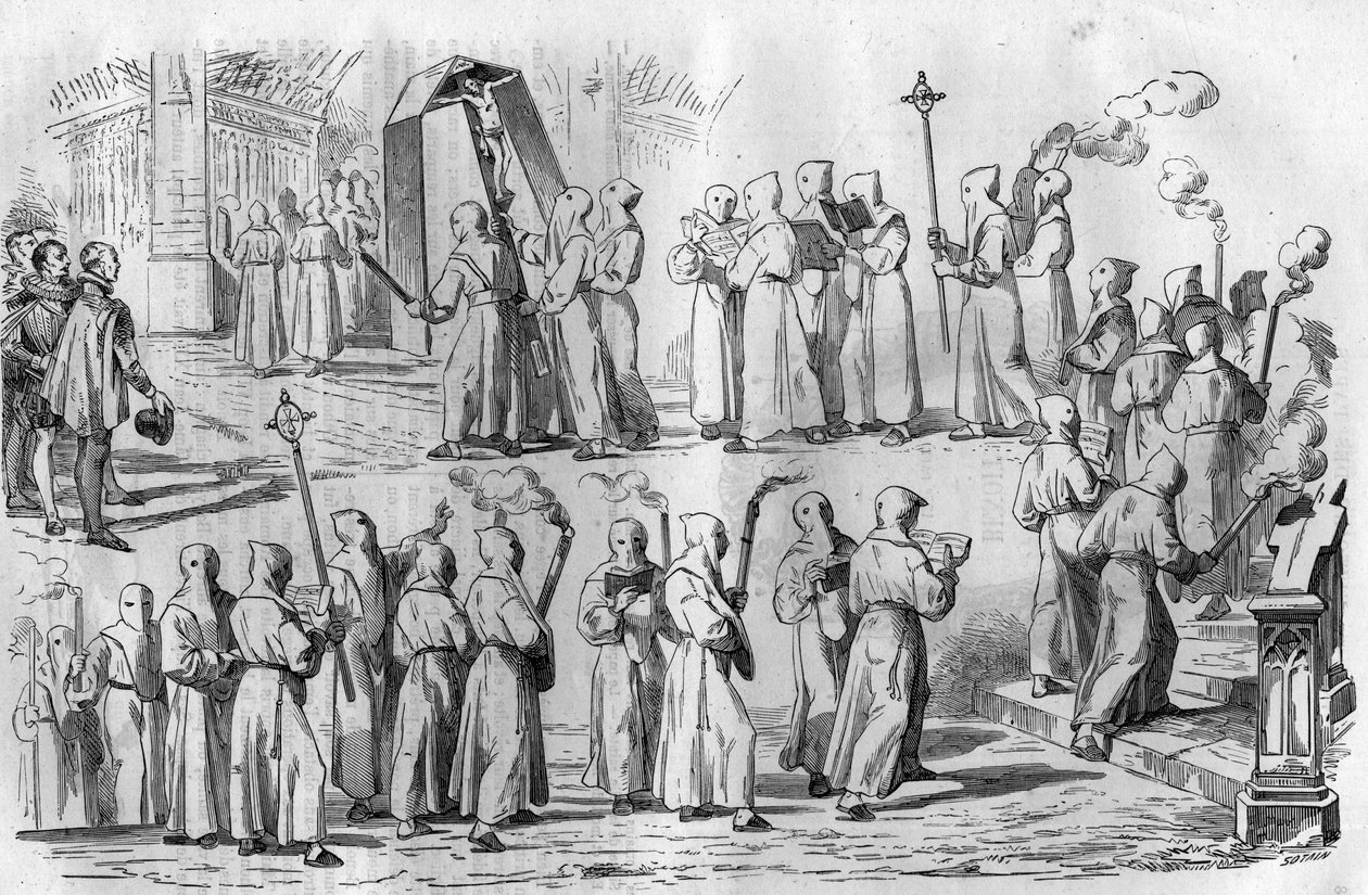 Katolicka zabawa i przesądy. Procesja pokutników podczas ataku na Rzym cesarza Otona I Wielkiego (912-973). Grawer w „Histoire des Papes-Rois-Queen and Empereurs a travers les Century” Maurice Lachatre autorstwa French School