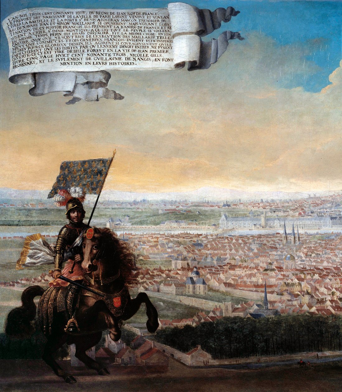 Cavalierski widok Paryża z Faubourg Saint Jacques Upamiętnienie obrony Paryża przez kanclerza Pepina des Essarts po zdradzie Etienne