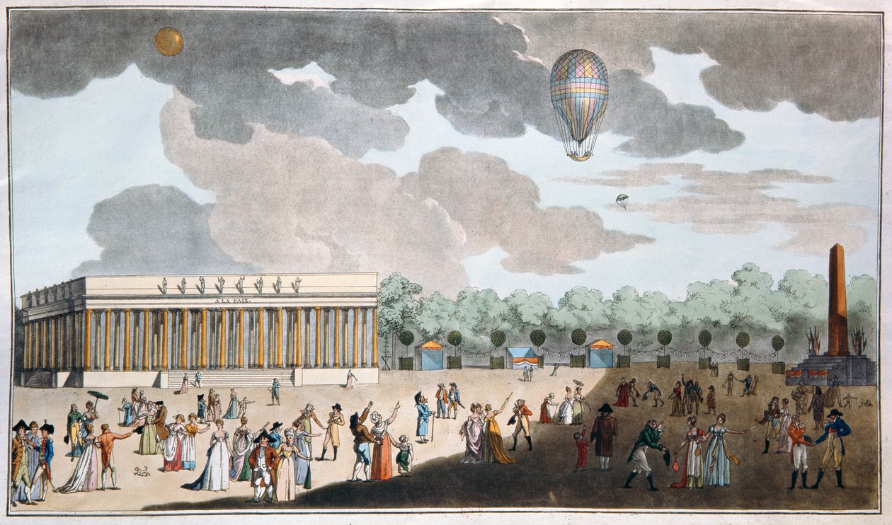Obchody Dnia Bastylii, 14 lipca na Polach Elizejskich, Paryż w 1801 r. (akwatinta ręcznie kolorowana) autorstwa French School