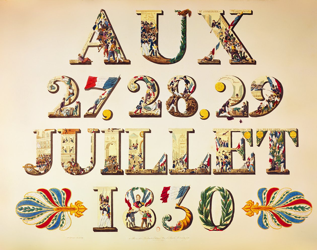 Obchody Trzech Chwalebnych Dni, 27, 28 i 29 lipca 1830 (kolorowe grawerowanie) autorstwa French School