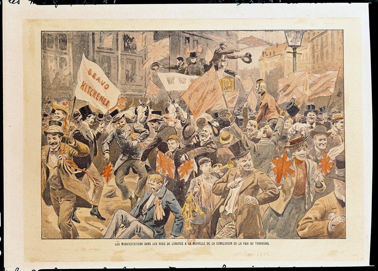 Uroczystości na ulicach Londynu po wiadomości o zawarciu pokoju w Transwalu, maj 1902 (druk) autorstwa French School