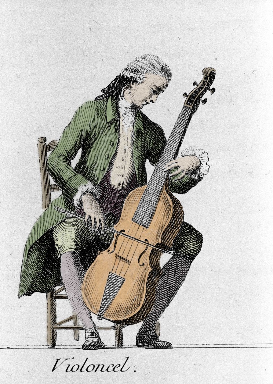 Wiolonczelista/wiolonczela. Rycina z końca XVIII wieku. autorstwa French School