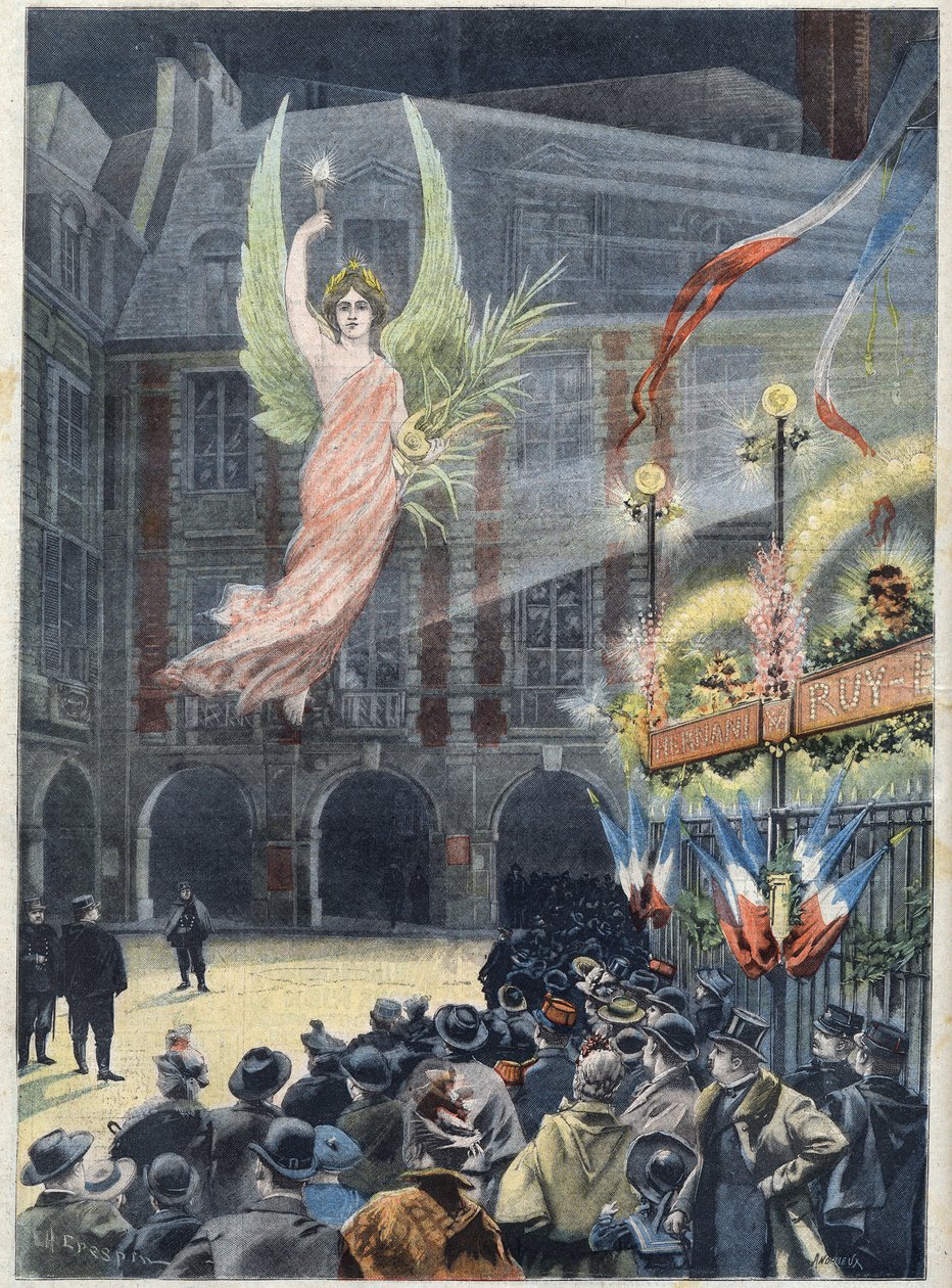 Obchody stulecia urodzin francuskiego pisarza Victora Hugo (1802-1885): dżin Renommee zstępuje na dom poety, Place des Vosges w Paryżu, w „Le Petit Parisien”” autorstwa French School