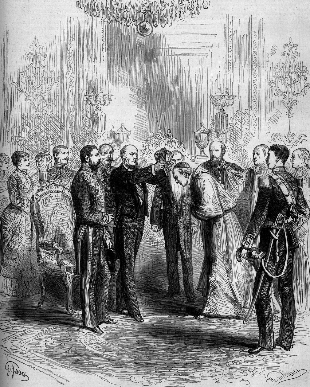 Ceremonia wręczenia insygniów kardynała: Pier Francesco Meglia (1810-1883) otrzymał kardynalski czerwony płaszcz, a Jules Grevy (1807-1891) włożył mu na głowę kardynalski wisior. Paryż, Pałac Elizejski autorstwa French School