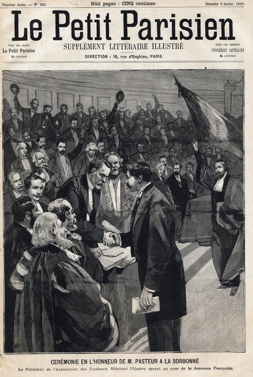 Ceremonia na cześć naukowca Louisa Pasteura (1822-1895) na Sorbonie z okazji jego urodzin. Jedna z gazet „Le Petit Parisien”” z dnia 08.01.1893 (rycina) autorstwa French School